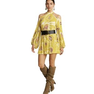 Free People‎ Chartreuse Retro Boho Hipster Cold Shoulder Tunic Mini Dress S